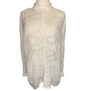 Johnny Was White Embroidered Button Front Blouse Tunic Top Medium